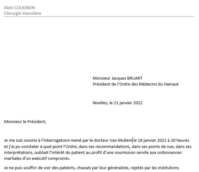 Lettre à l&rsquo;Ordre des Médecins du Hainaut – Alain Colignon
