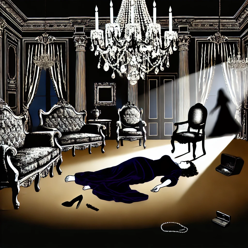 DALL·E 2024-12-09 17.47.57 - A dramatic and mysterious illustration of a murder scene involving a baroness in a luxurious setting. The scene shows a grand, opulent room with antiq